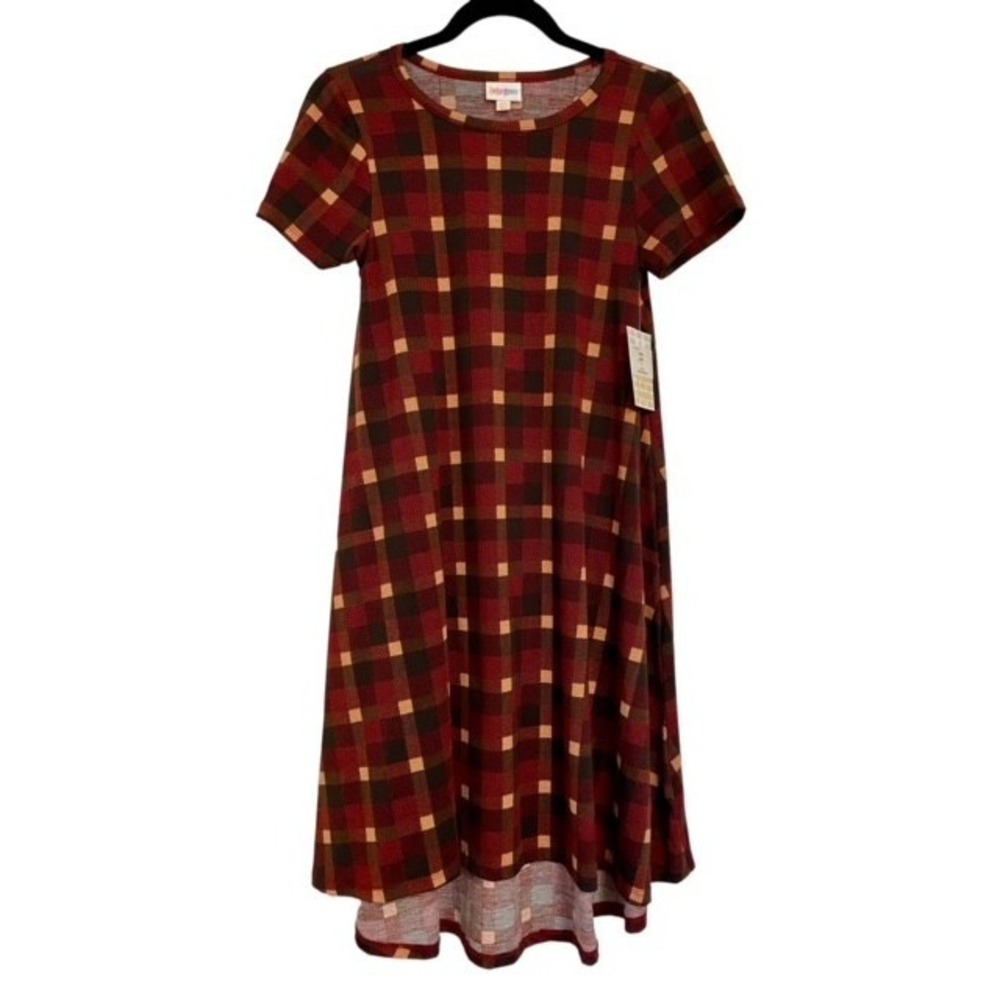 NWT LULAROE  PLAID  RED BROWN PUMPKIN HI LOW DRESS SIZE XXS FALL HOLIDAY‎
